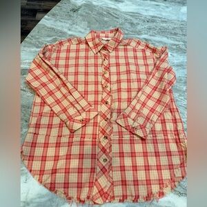 Easel Los Angeles Plaid Button Down Top Small Raw Hem Boho Oversized